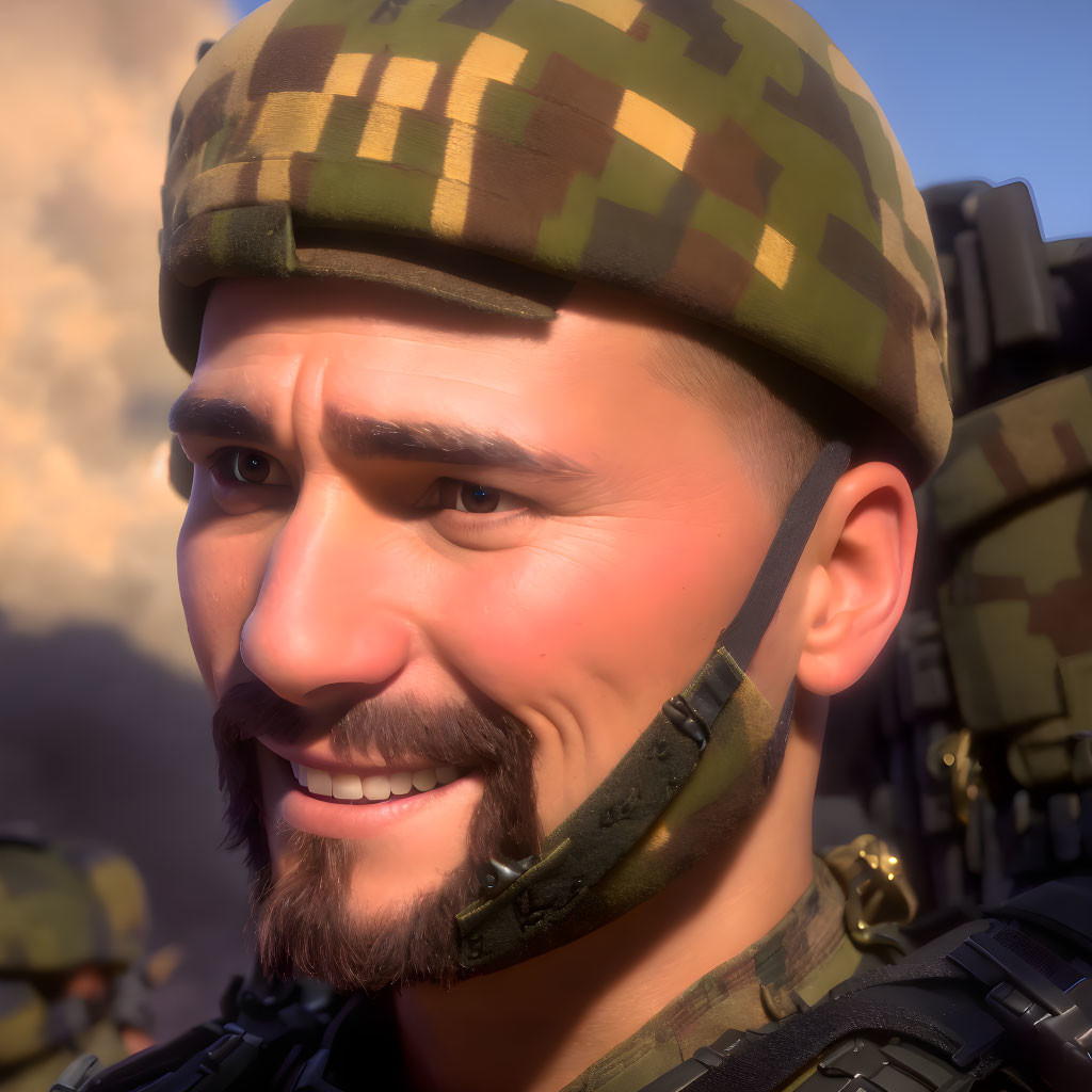 Smiling soldier in camouflage cap with headset and stubble