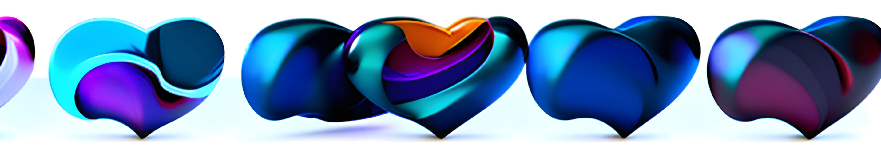 Colorful Reflective Heart Shapes on White Background for Abstract Modern Art