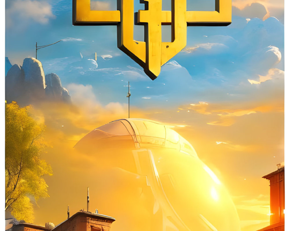 Futuristic cityscape with golden emblem, domed buildings, and hovering vehicles at sunset