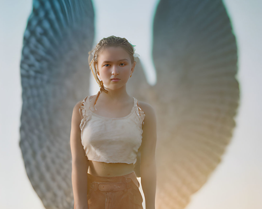 Young person with stern expression in white top and brown pants in field at dusk with dark angel wings.