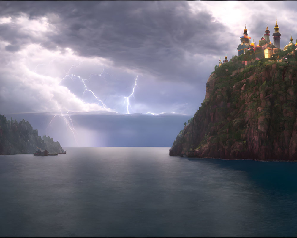 Cliffside castle under stormy sky with lightning strikes