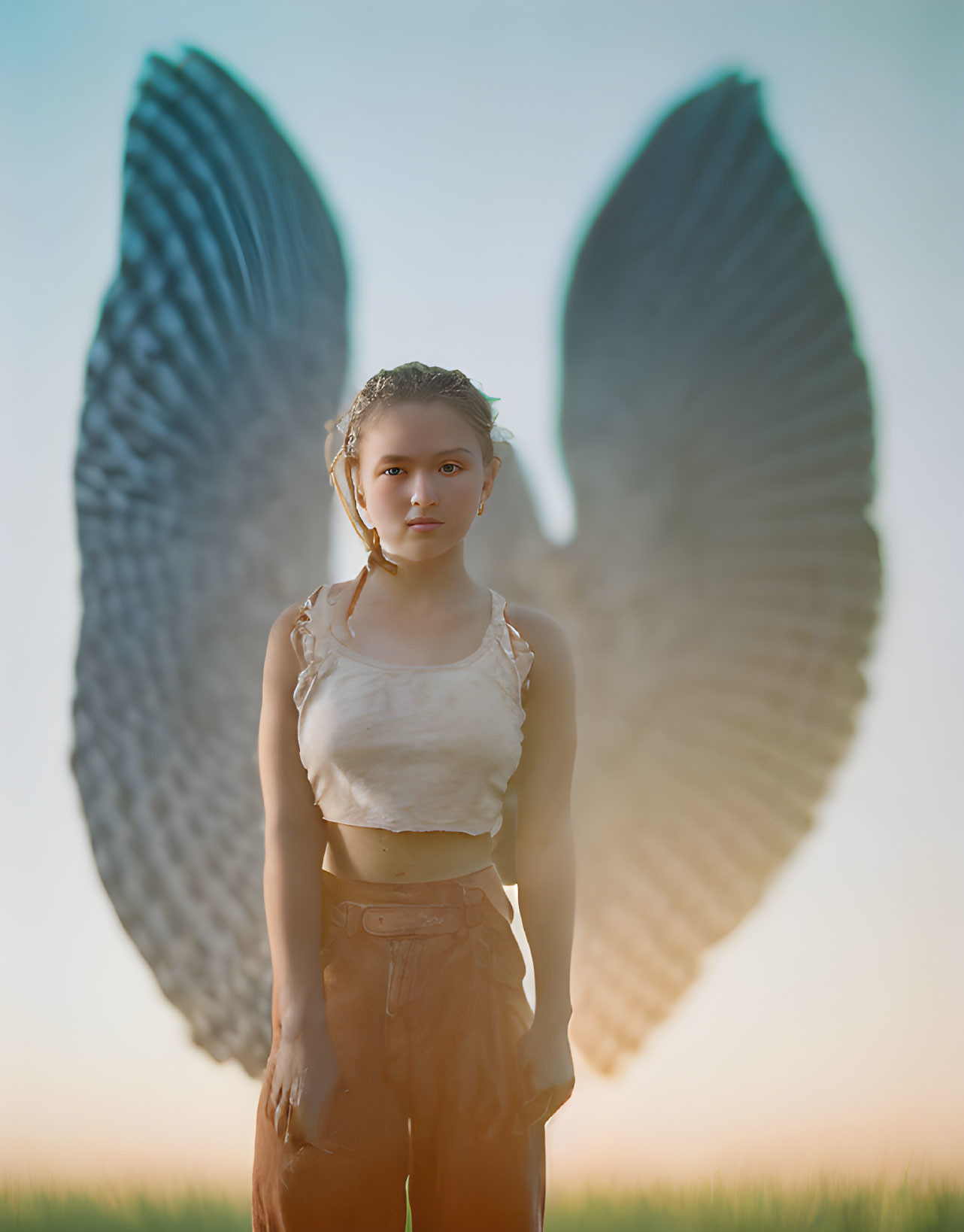 Young person with stern expression in white top and brown pants in field at dusk with dark angel wings.