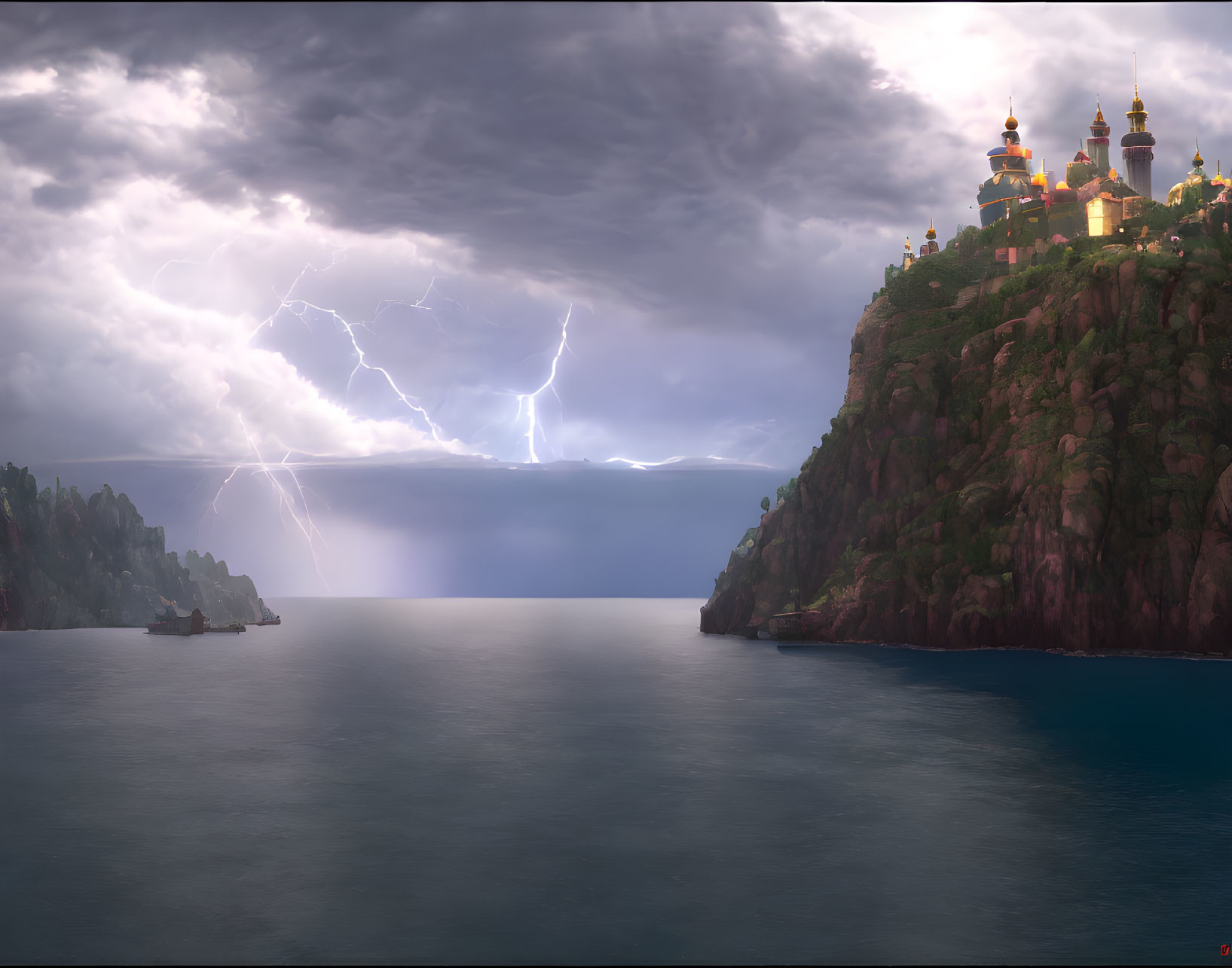 Cliffside castle under stormy sky with lightning strikes