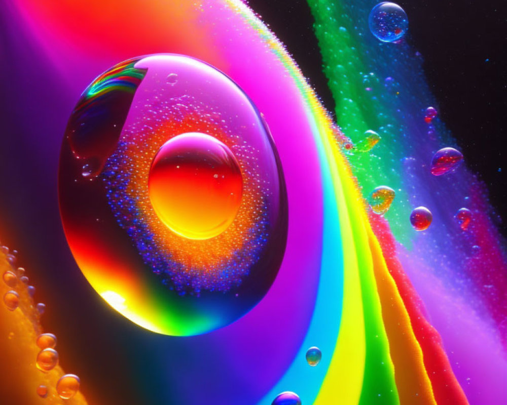 Colorful iridescent bubbles on vibrant oily water surface