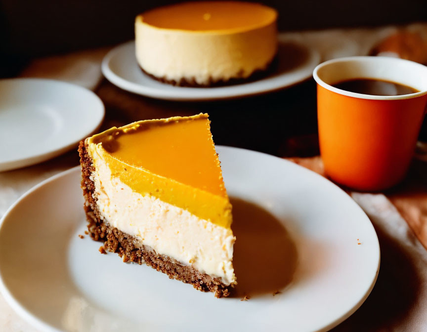 Creamy Cheesecake Slice with Golden Top on White Plate