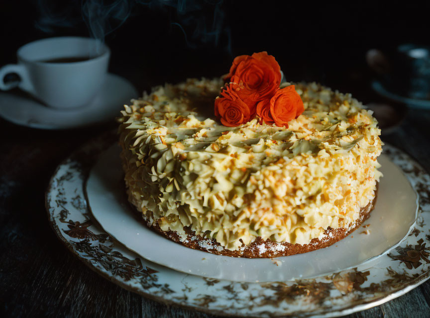 Almond Flake and Orange Rose Decorated Cake on Ornate Plate