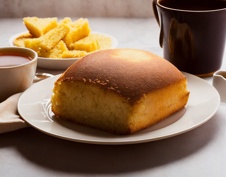 Golden-brown crust cake on white plate with tea and sliced cake in background