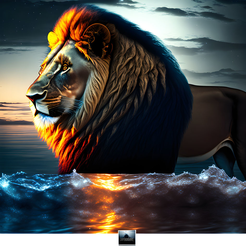 Lion with sunset mane merging into ocean waves at dusk