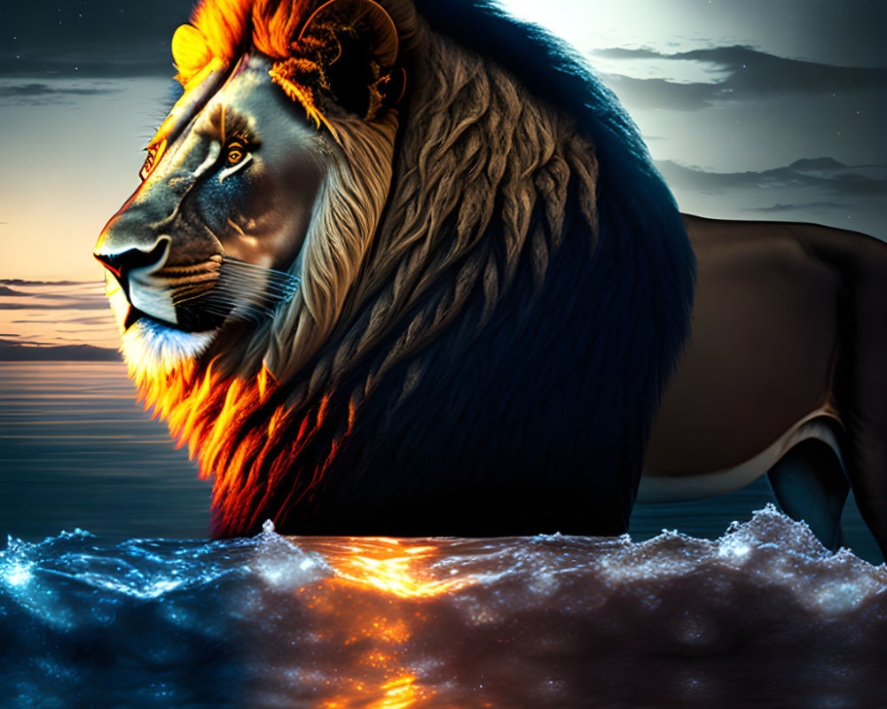 Lion with sunset mane merging into ocean waves at dusk