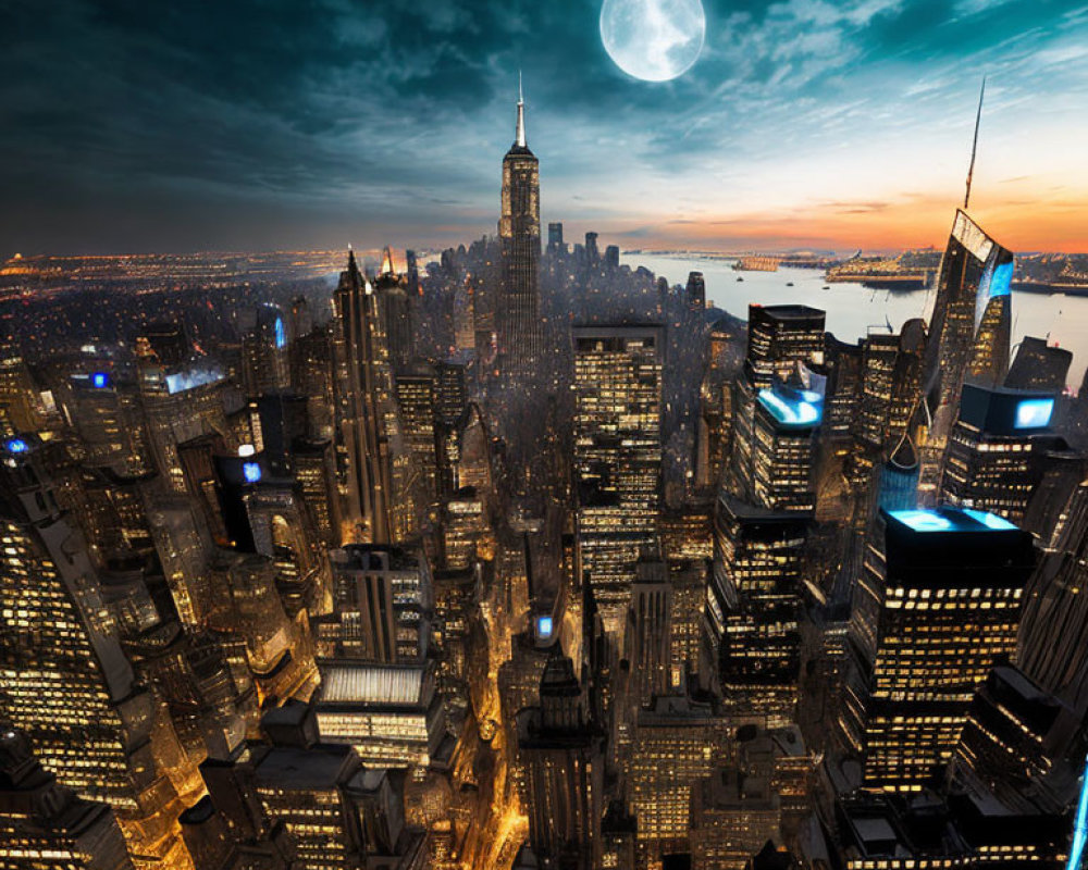 City skyline at dusk with illuminated skyscrapers and large moon in twilight sky