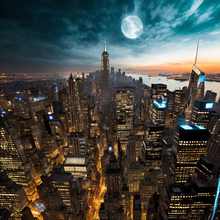 City skyline at dusk with illuminated skyscrapers and large moon in twilight sky