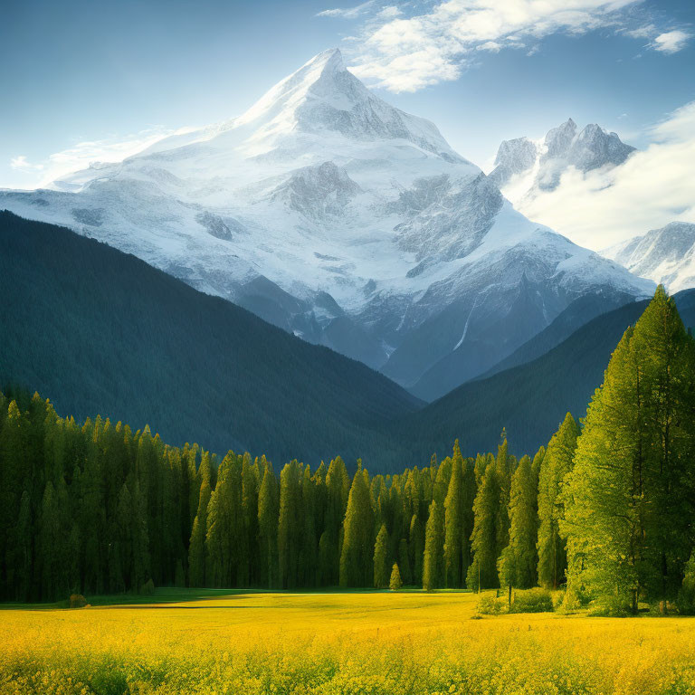 Tranquil landscape with meadow, wildflowers, trees, and snow-capped mountain