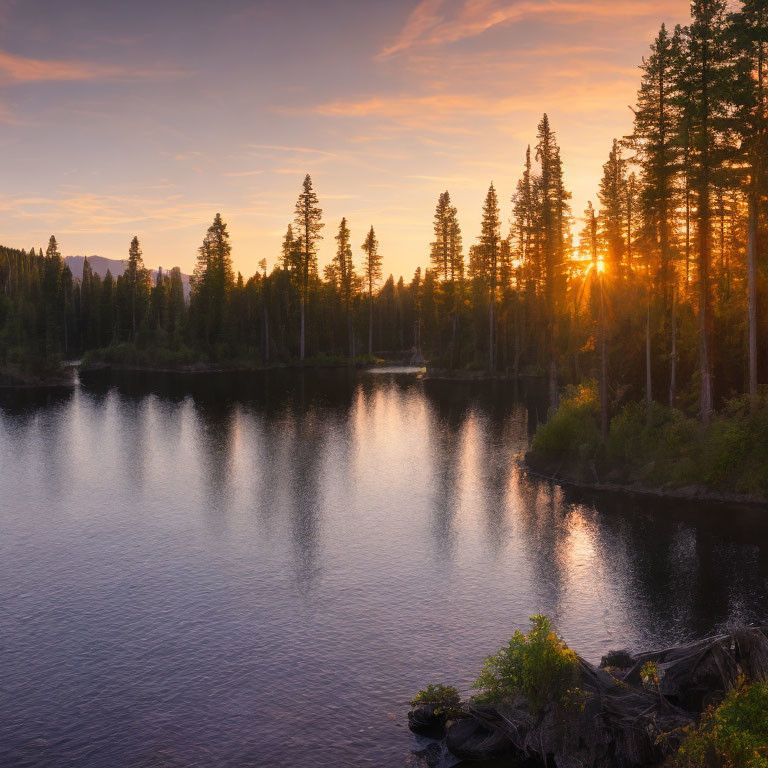 Tranquil lake sunset with tall pine trees and warm reflections