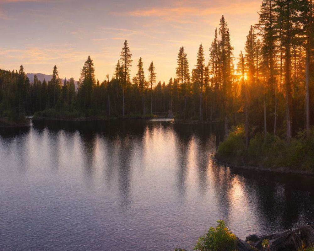 Tranquil lake sunset with tall pine trees and warm reflections