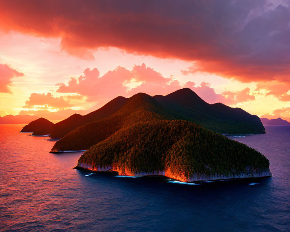 Lush hills on island under fiery sunset glow