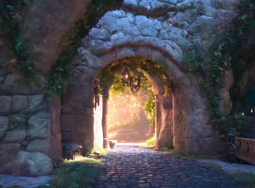 Stone archway covered in ivy under warm sunlight, leading to glowing pathway