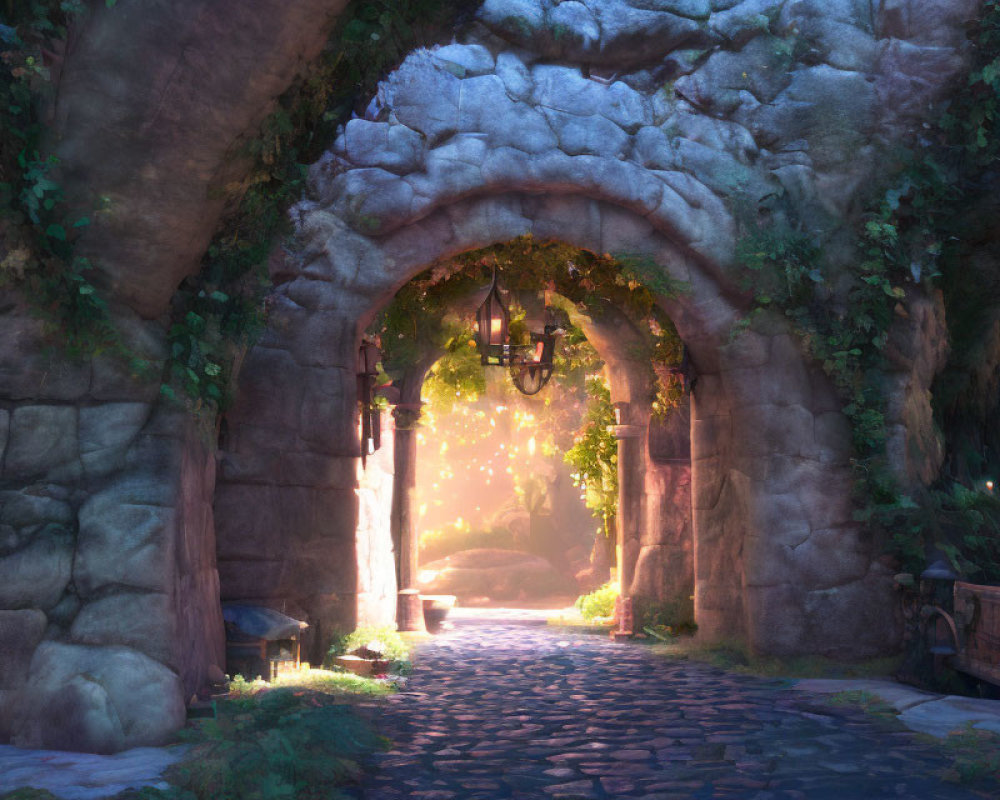 Stone archway covered in ivy under warm sunlight, leading to glowing pathway