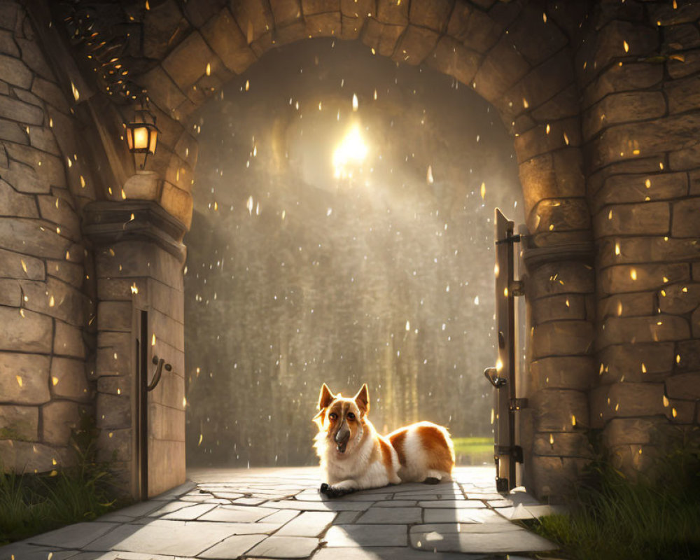 Corgi dog resting in arched gateway with sunlight and dandelion seeds