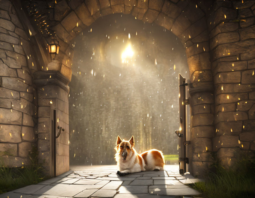 Corgi dog resting in arched gateway with sunlight and dandelion seeds