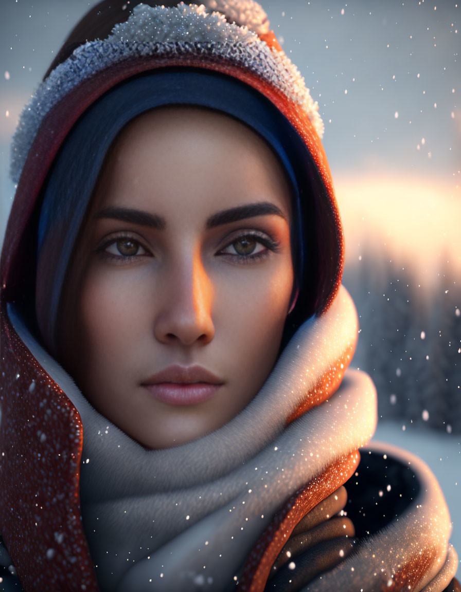 Woman with Striking Eyes in Scarf Amid Winter Snowflakes