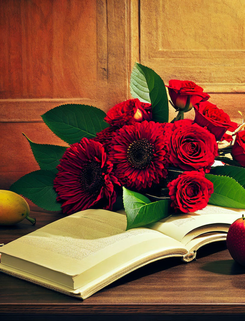 Open book with blank pages surrounded by red roses and gerberas on wooden surface