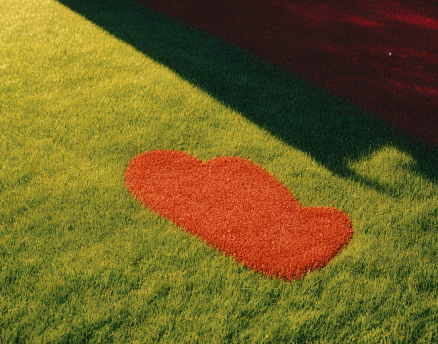 Red Heart Shape on Green Grass Field with Sunlight and Shadow