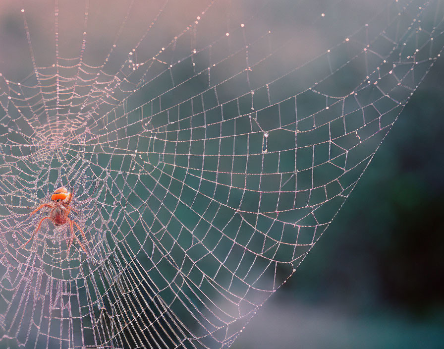 Spider in dew-covered web against soft-focus background