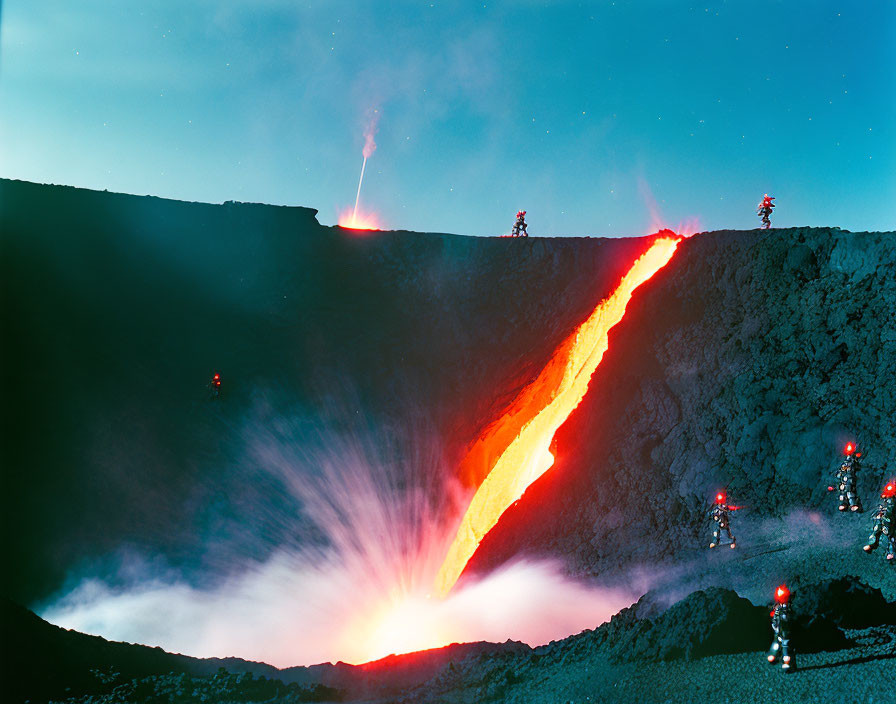 Nighttime volcanic eruption with flowing lava and smoke, small figures near crater