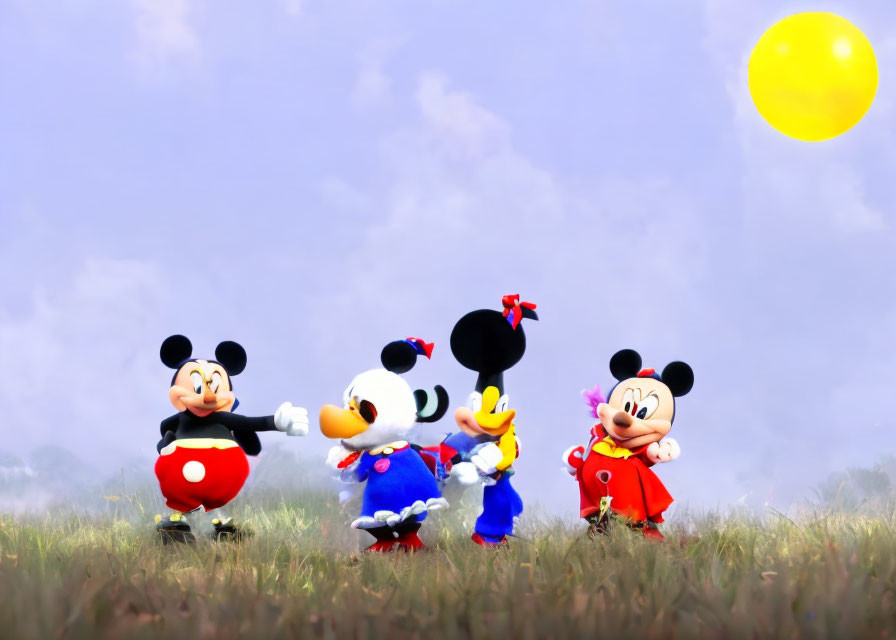 Cartoon characters walking in field under bright sun.