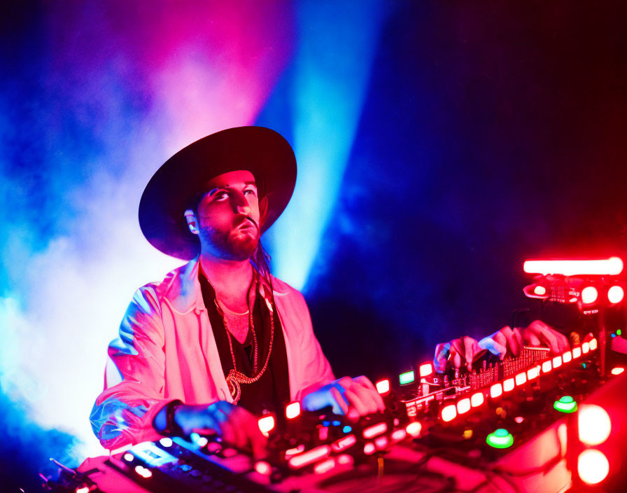 DJ mixing tracks under vibrant blue and red lights with stage smoke.