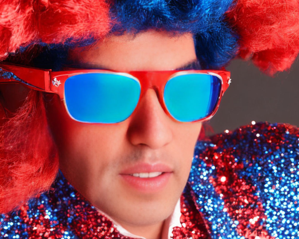 Colorful Clown Wig, Star-Patterned Sunglasses, Sequined Jacket Outfit