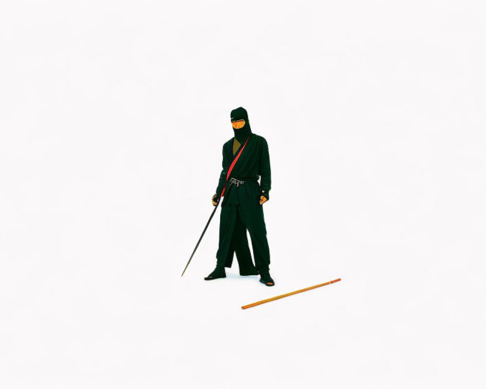 Skier in black and orange attire with ski poles on white background