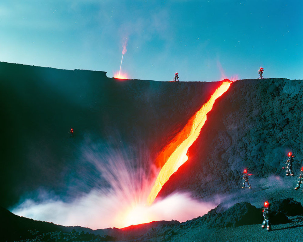 Nighttime volcanic eruption with flowing lava and smoke, small figures near crater