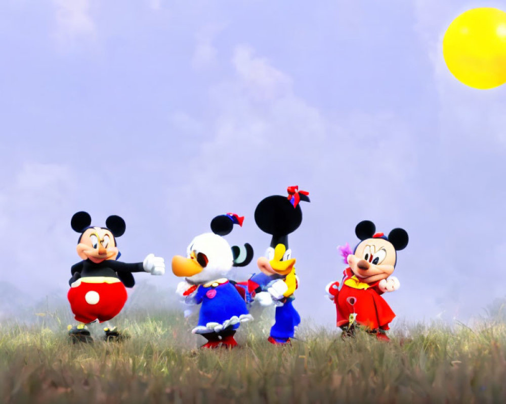 Cartoon characters walking in field under bright sun.