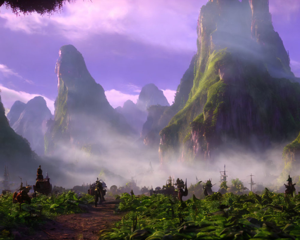 Mystical Valley with Towering Green Rock Formations and Travelers on Path