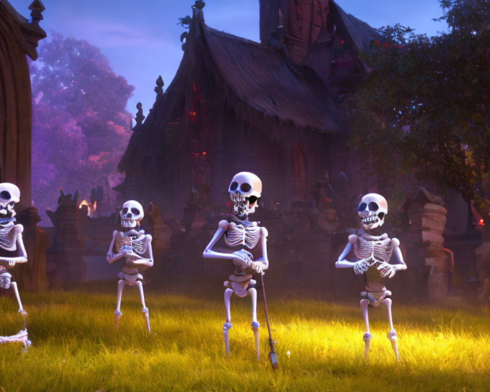 Whimsical glowing skeleton characters in purple-hued dark setting