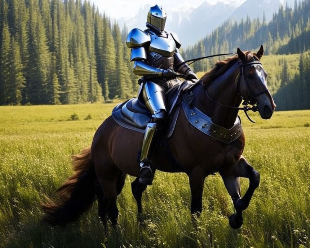 Knight riding horse through lush green meadow with pine trees and mountains.