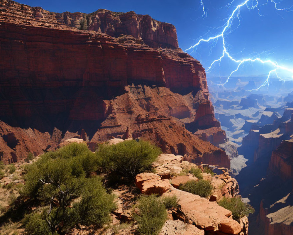 Dramatic lightning over Grand Canyon's rugged terrain