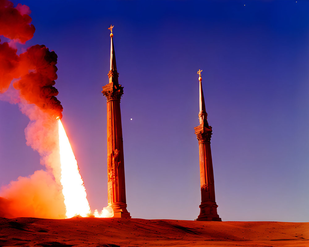 Ornate towers launching into dusk sky with smoke trail