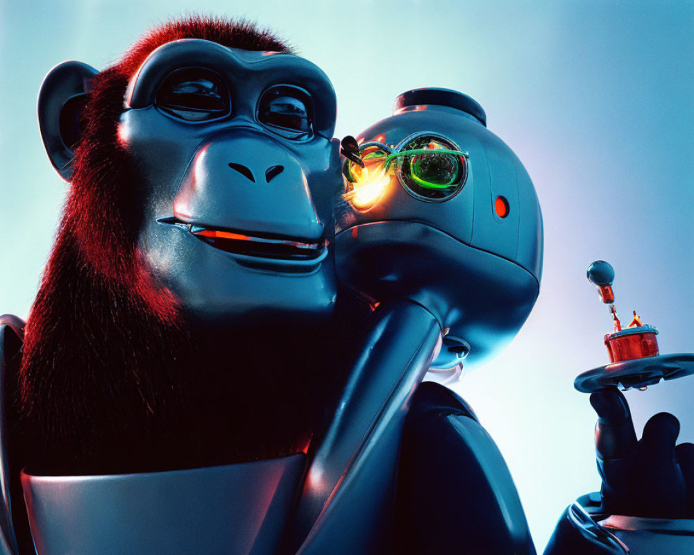 Stylized gorilla embraces humanoid robot in cool blue light