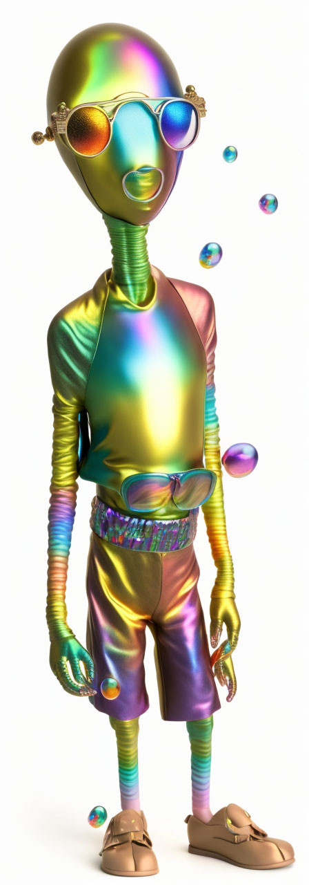 Iridescent humanoid alien with round sunglasses in stylish attire