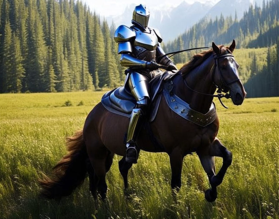 Knight riding horse through lush green meadow with pine trees and mountains.