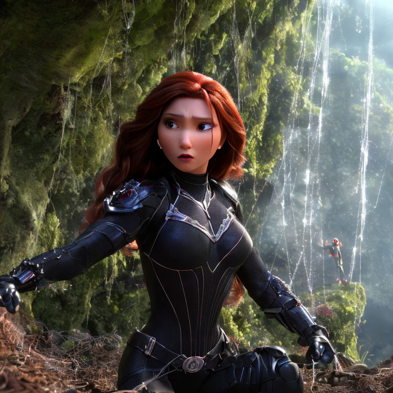 Redhead Female Character in Black Suit Surprised in Forest with Sunbeams