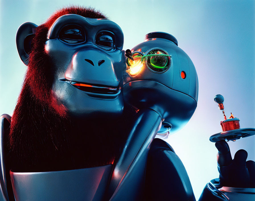 Stylized gorilla embraces humanoid robot in cool blue light