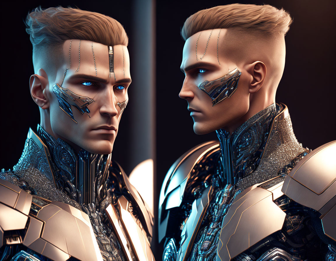 Futuristic androids with metal facial enhancements in armored suits