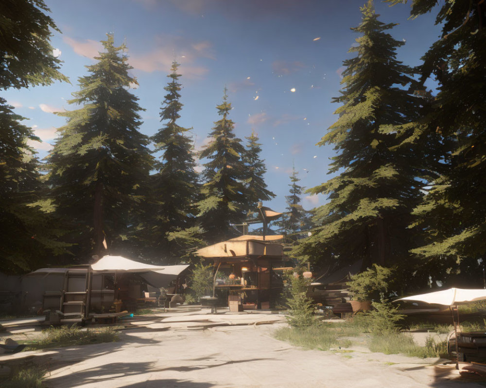 Tranquil woodland campsite with tall trees and sunlit tents