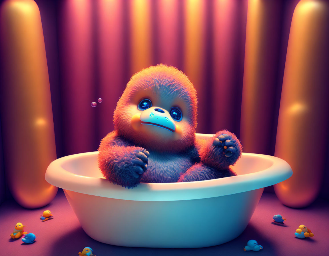 Orange Furry Creature Relaxing in Bathtub with Rubber Ducks