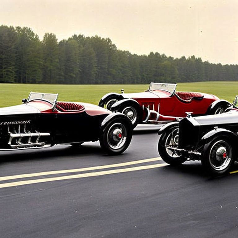 Vintage Black and Red Convertible Cars on Asphalt Road with Tree-lined Background