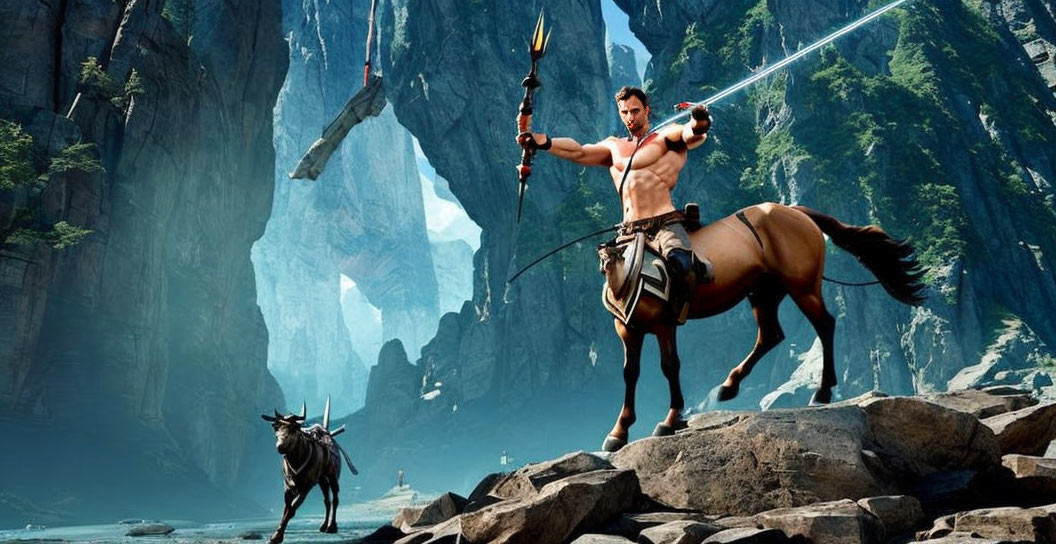 Shirtless warrior with flaming spear and sword riding horse in mountain landscape with black goat