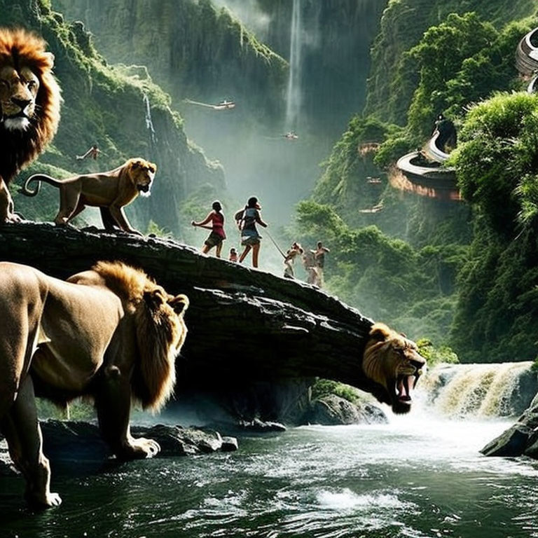 Fantasy landscape with lions on natural bridge above waterfall